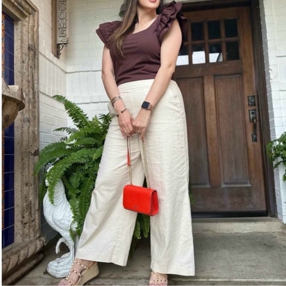 BROWN waist length Top short double ruffle flutter sleeves square neckline XL - Picture 2 of 9